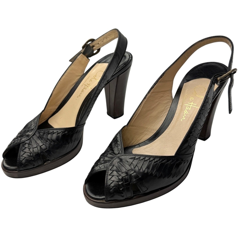 Cole Haan Collection Black Leather Heels Women's 6.5B Woven Peep Toe Slingback